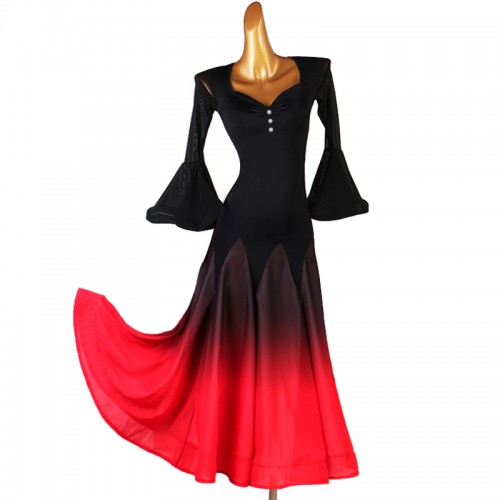 Vintage Pearl red white with black gradient ballroom dance dresses for women Trumpet sleeve ballroom dancing long dress waltz tango standard dance costume for girls